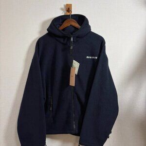 MIUMIU Solid Color Fleece Hooded Zip-Up Sweatshirt, Elastic Hem, Unisex, Navy Bl